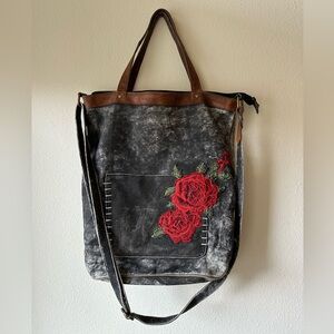 Distressed Canvas & Leather Rose-Embroidered Tote/Crossbody Bag by Mona B